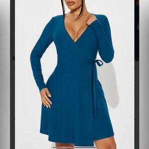 Fashionnova Layla Fit and Flare long sleeve wrap dress in teal